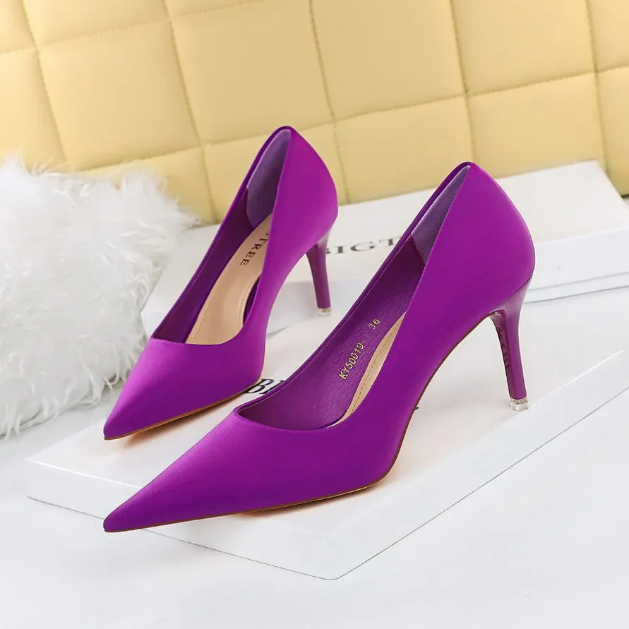 2025 18249-2 Korean version of fashionable pedicure, delicate and thin high heels, thin heels, super high heels, satin light mouth pointed single shoes