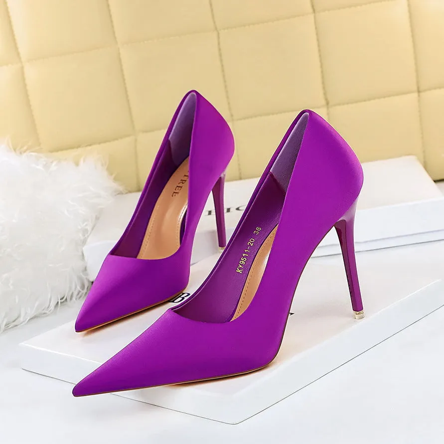 2025 18249-2 Korean version of fashionable pedicure, delicate and thin high heels, thin heels, super high heels, satin light mouth pointed single shoes