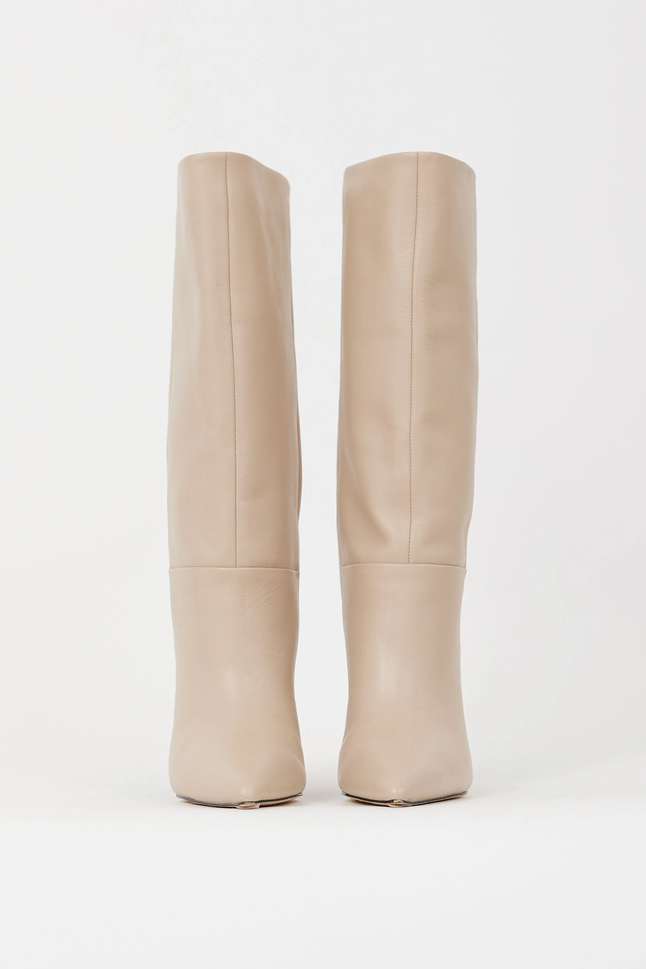 Beige Leather Angle Calf High Boot