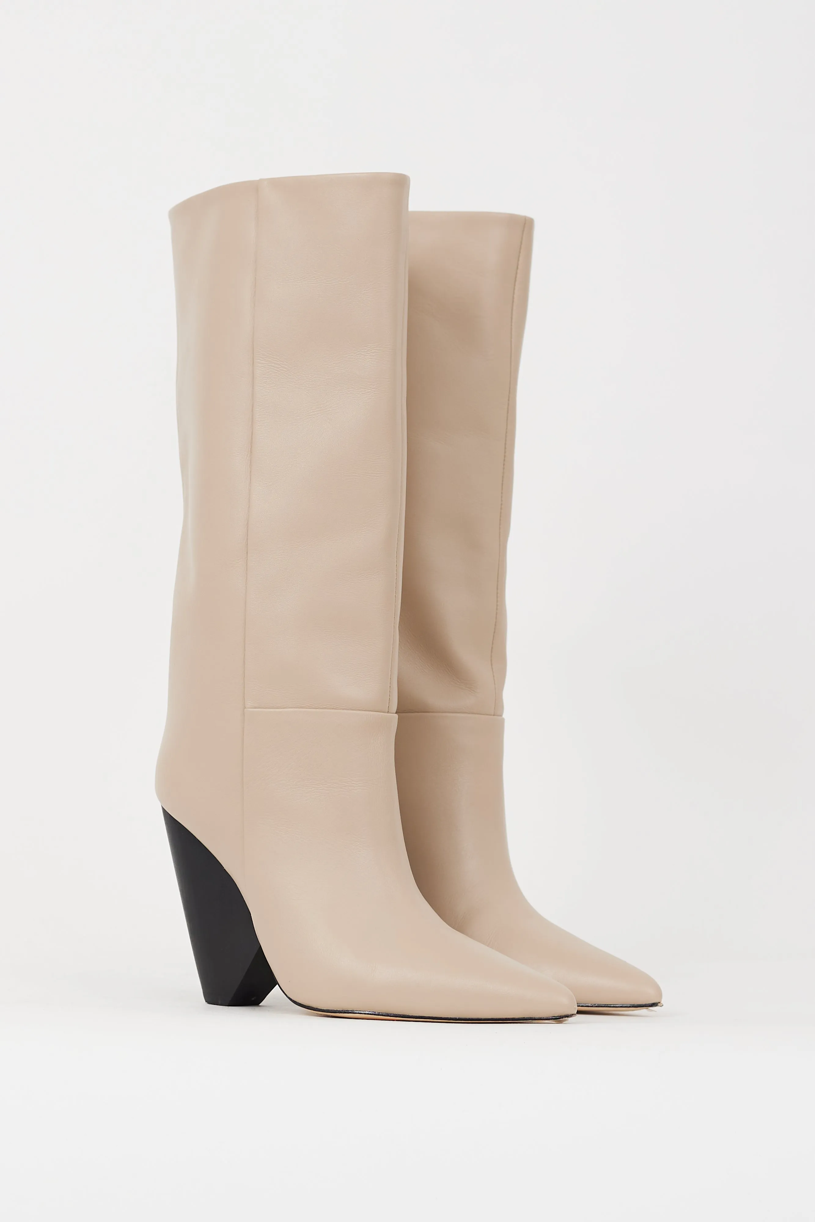 Beige Leather Angle Calf High Boot