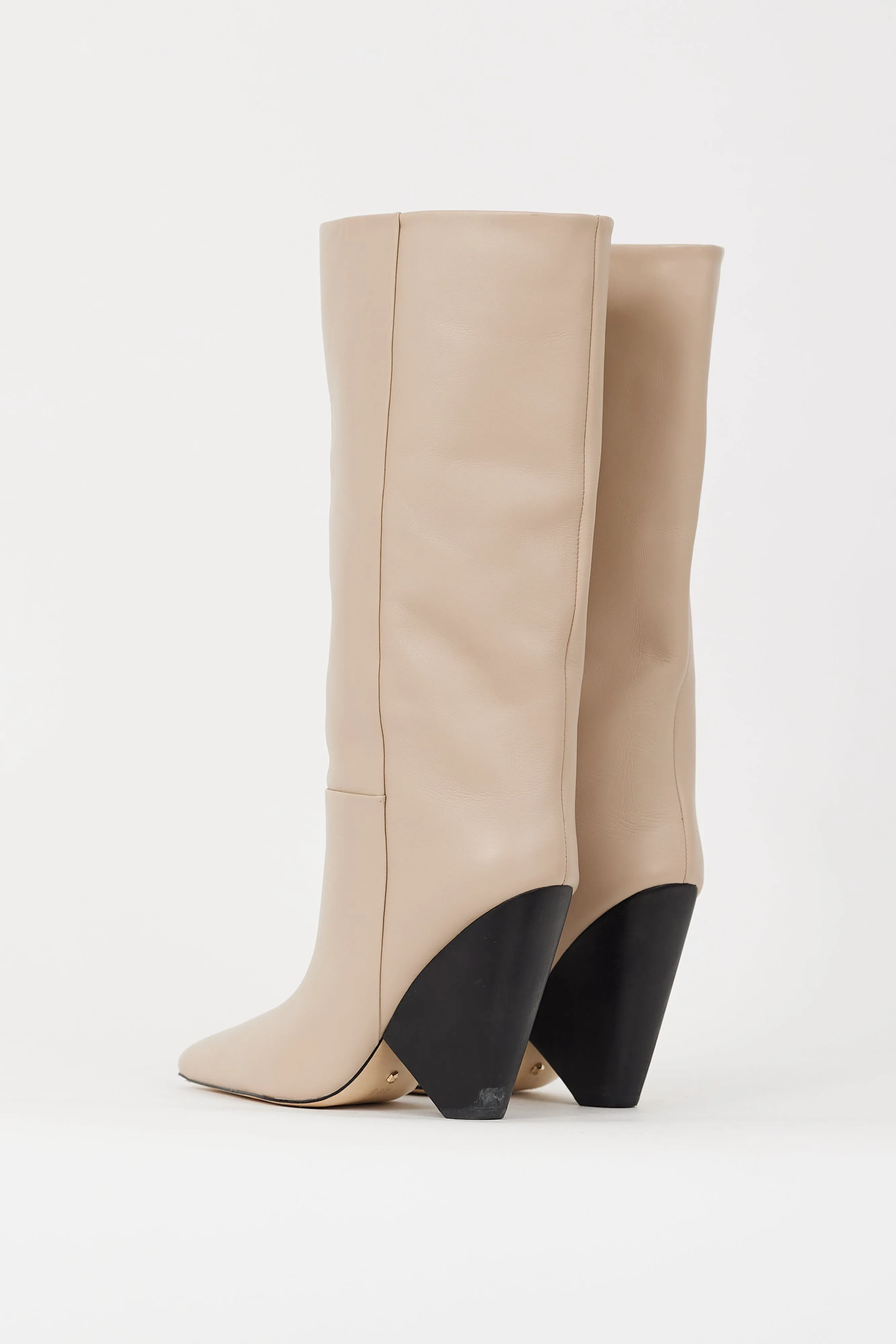 Beige Leather Angle Calf High Boot