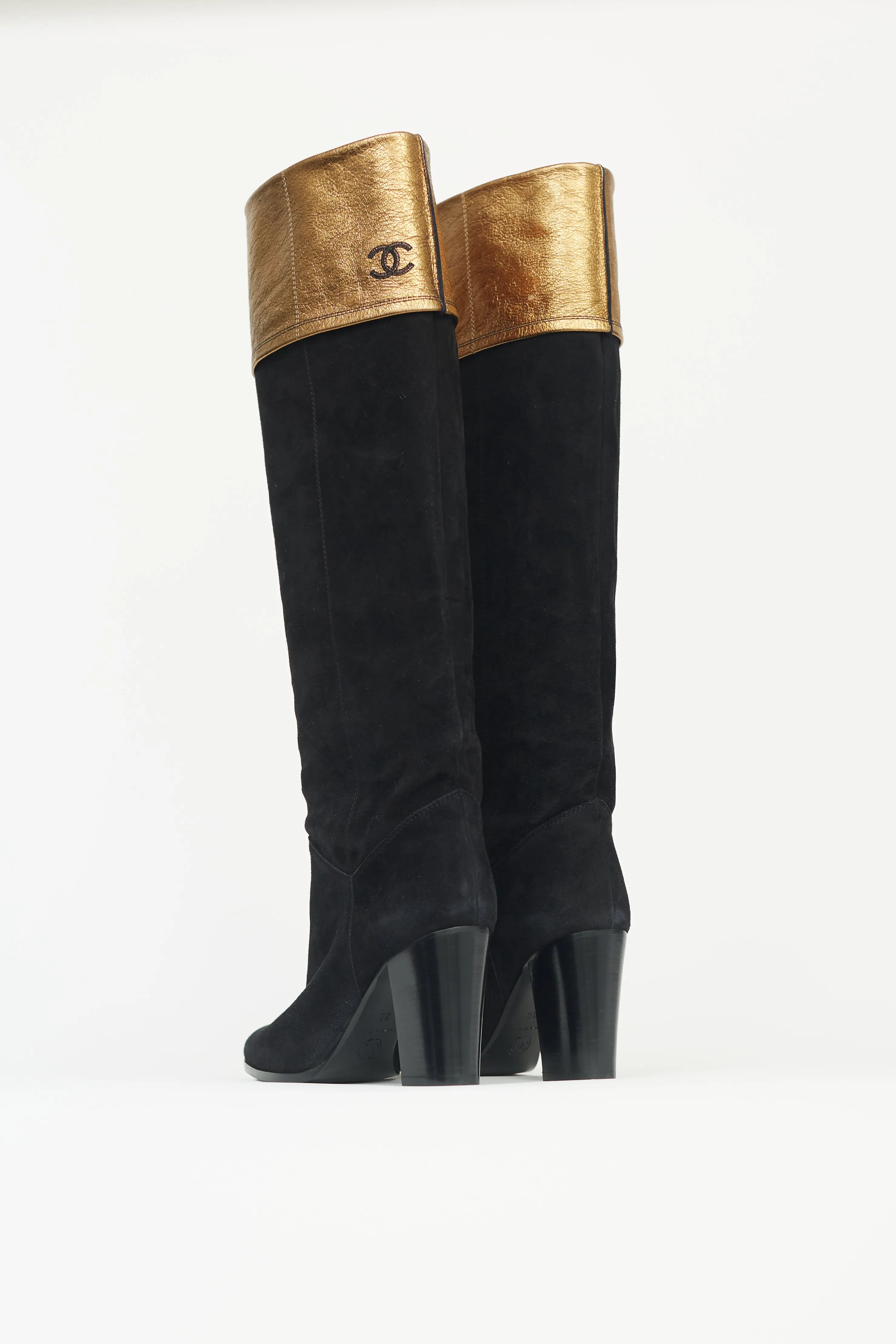 Black & Gold Suede Knee-High Boot
