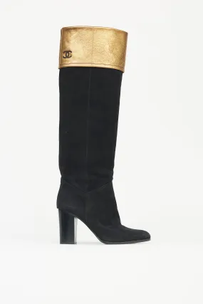 Black & Gold Suede Knee-High Boot