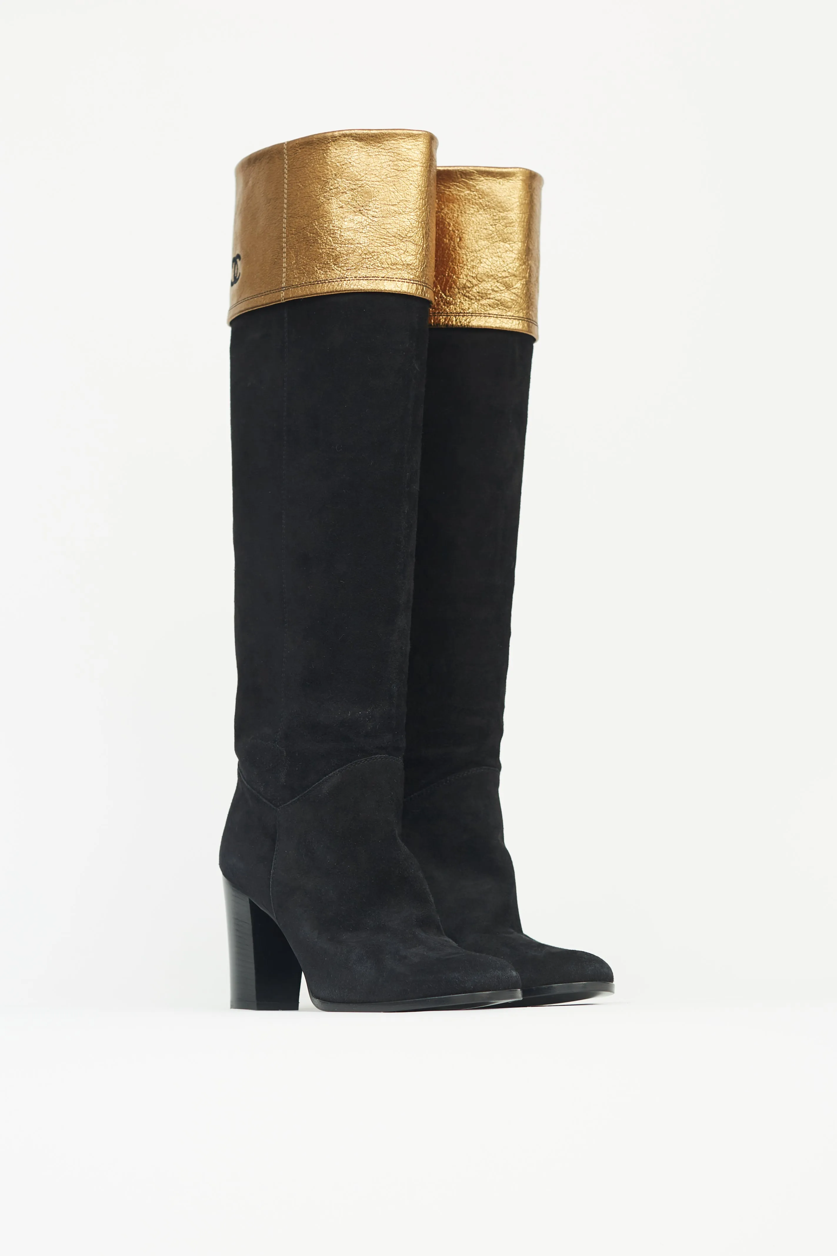 Black & Gold Suede Knee-High Boot