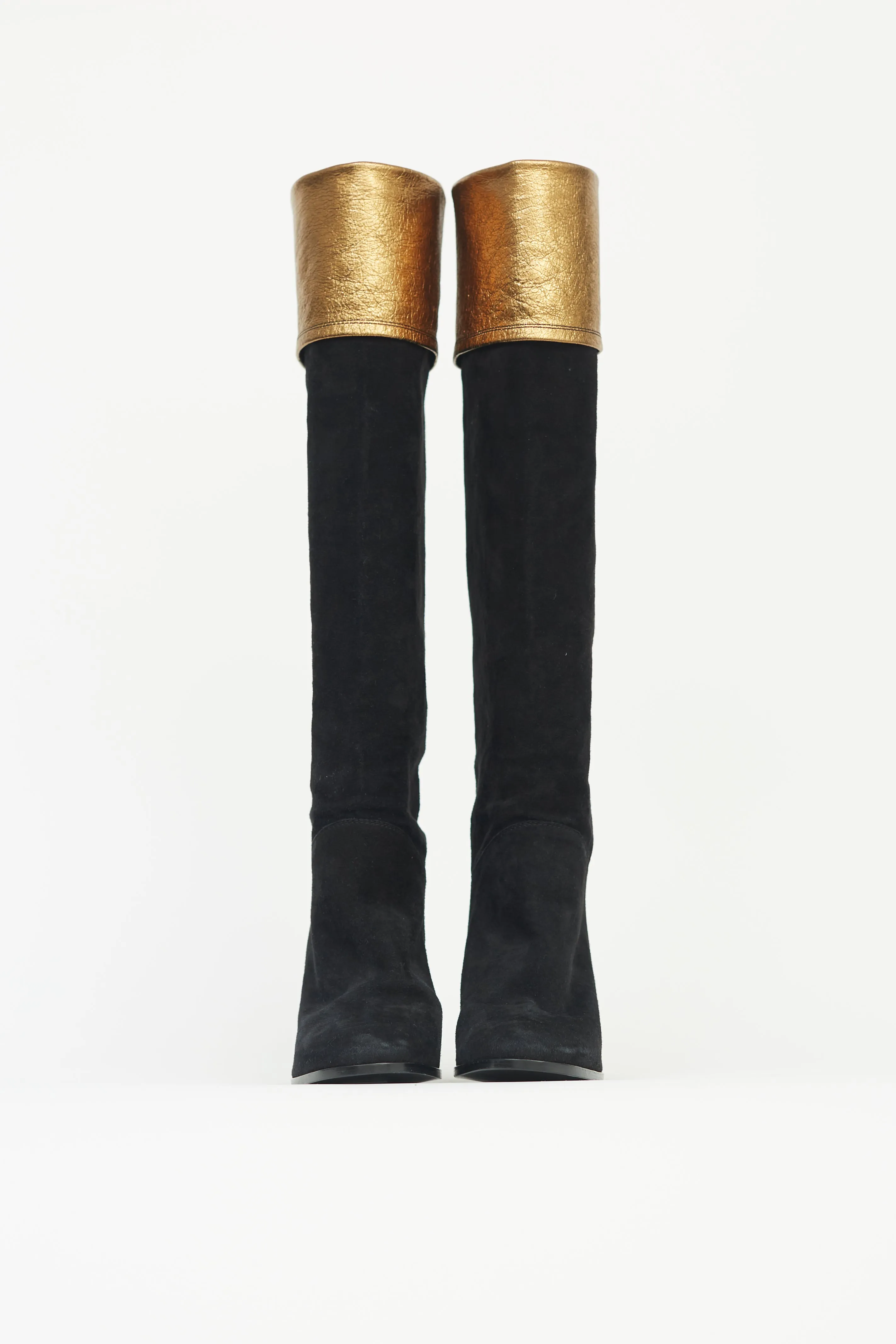 Black & Gold Suede Knee-High Boot