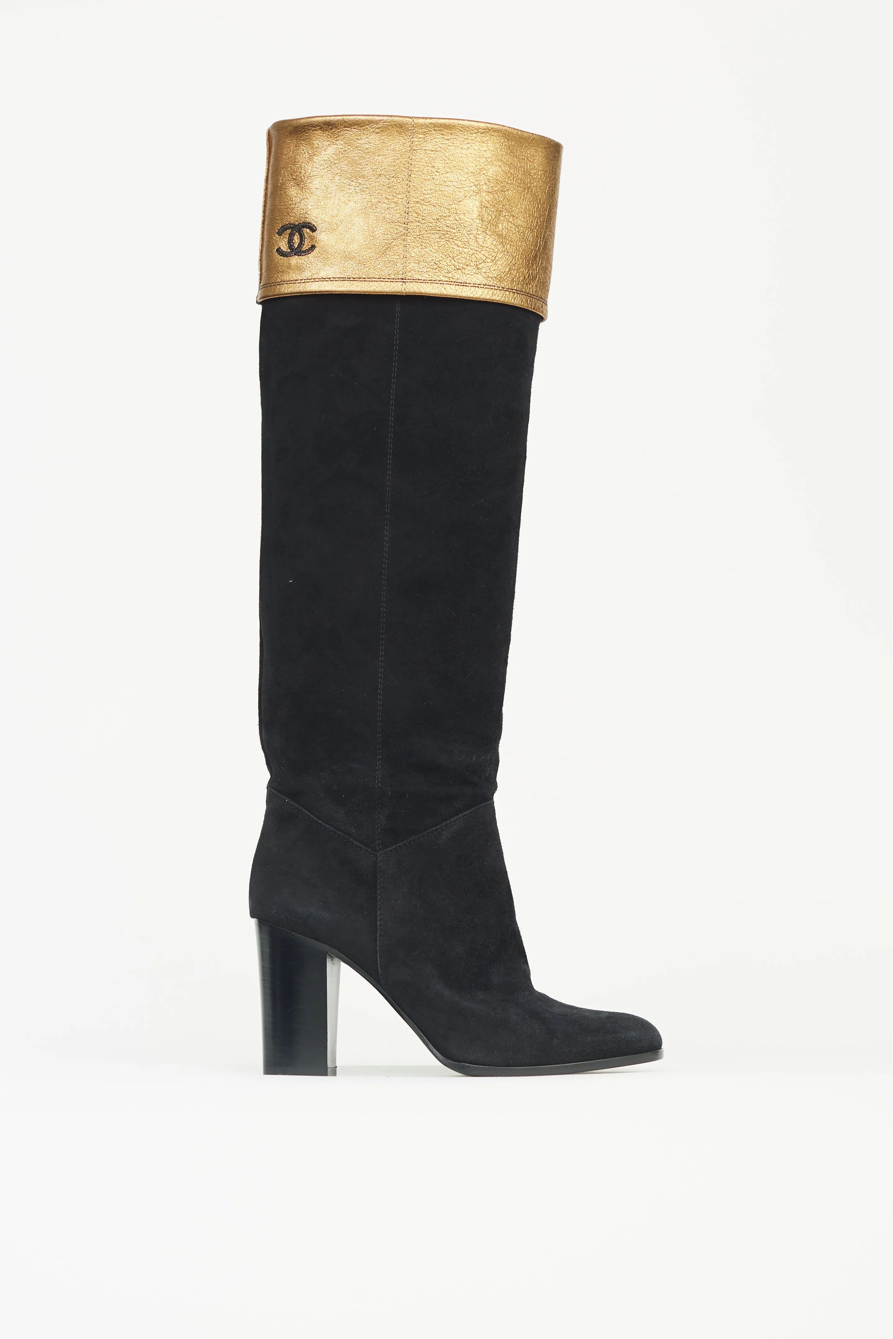 Black & Gold Suede Knee-High Boot