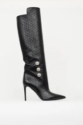 Black Leather Monogram Knee High Boot