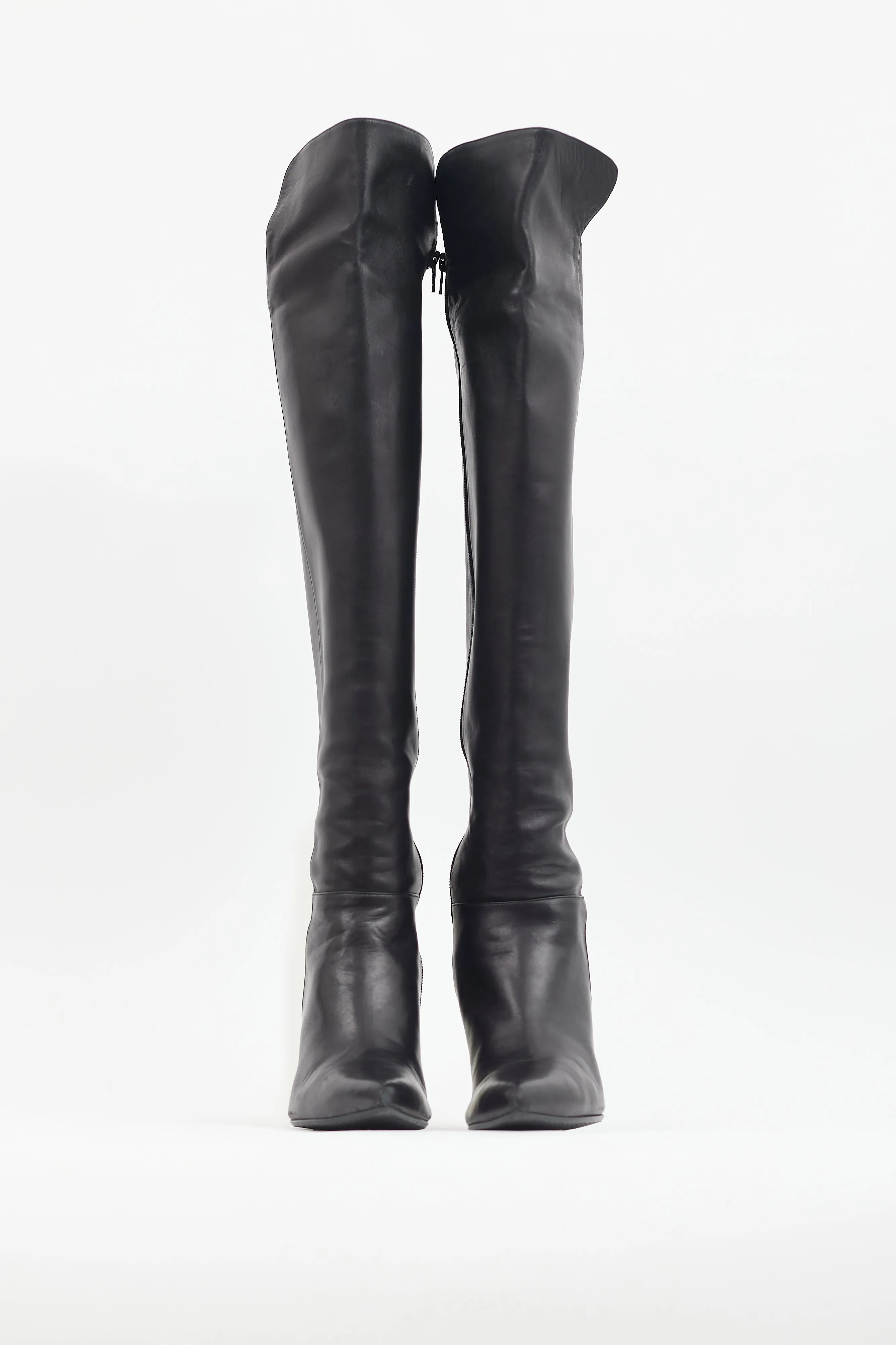 Black Leather Pointed Toe Knee High Boot