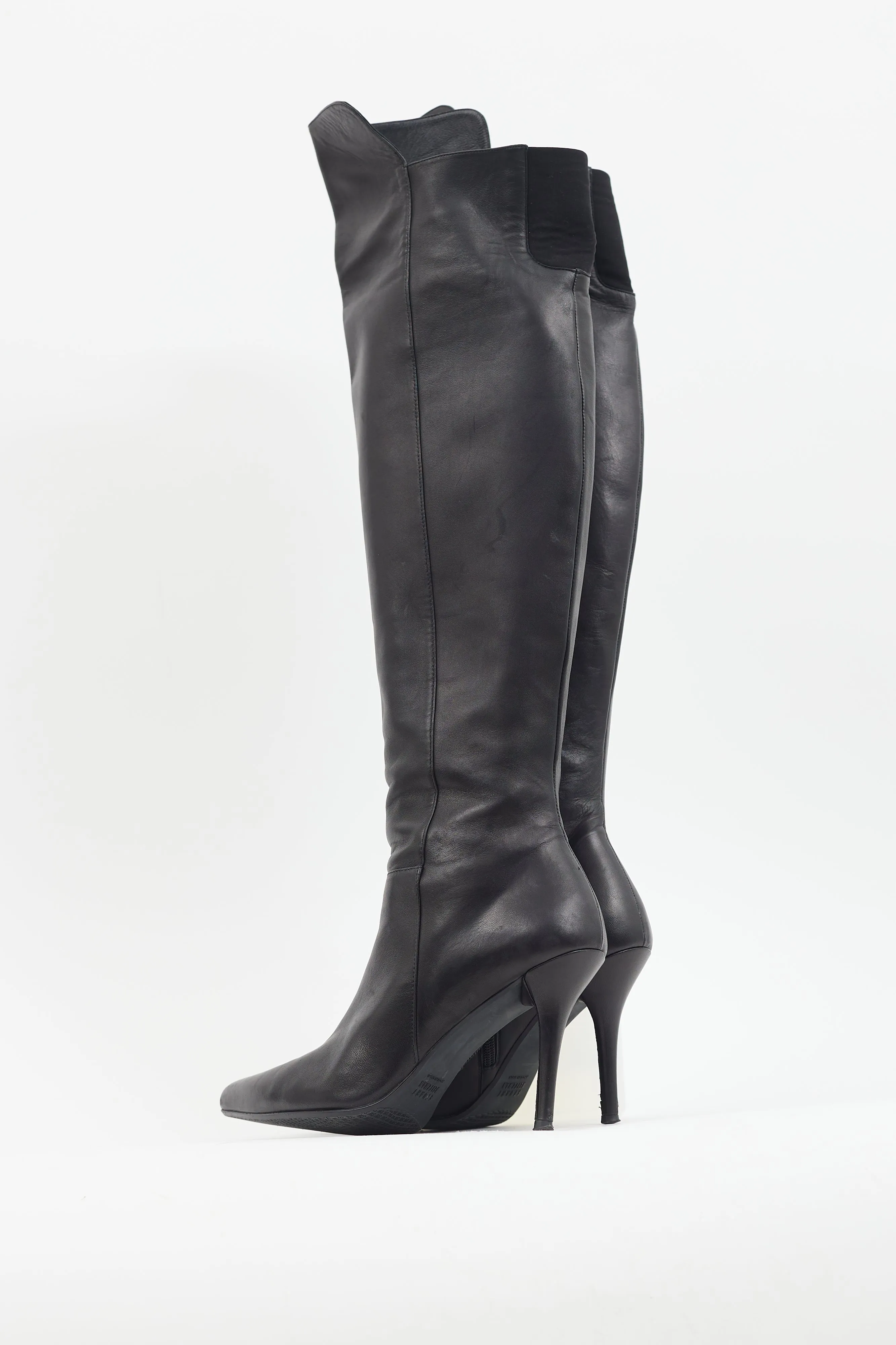 Black Leather Pointed Toe Knee High Boot