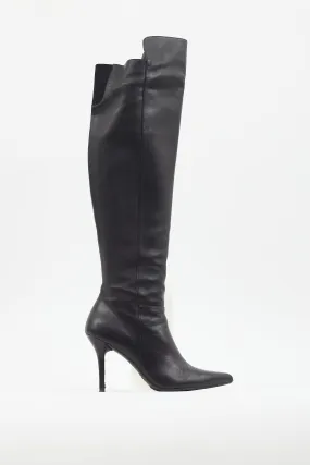 Black Leather Pointed Toe Knee High Boot