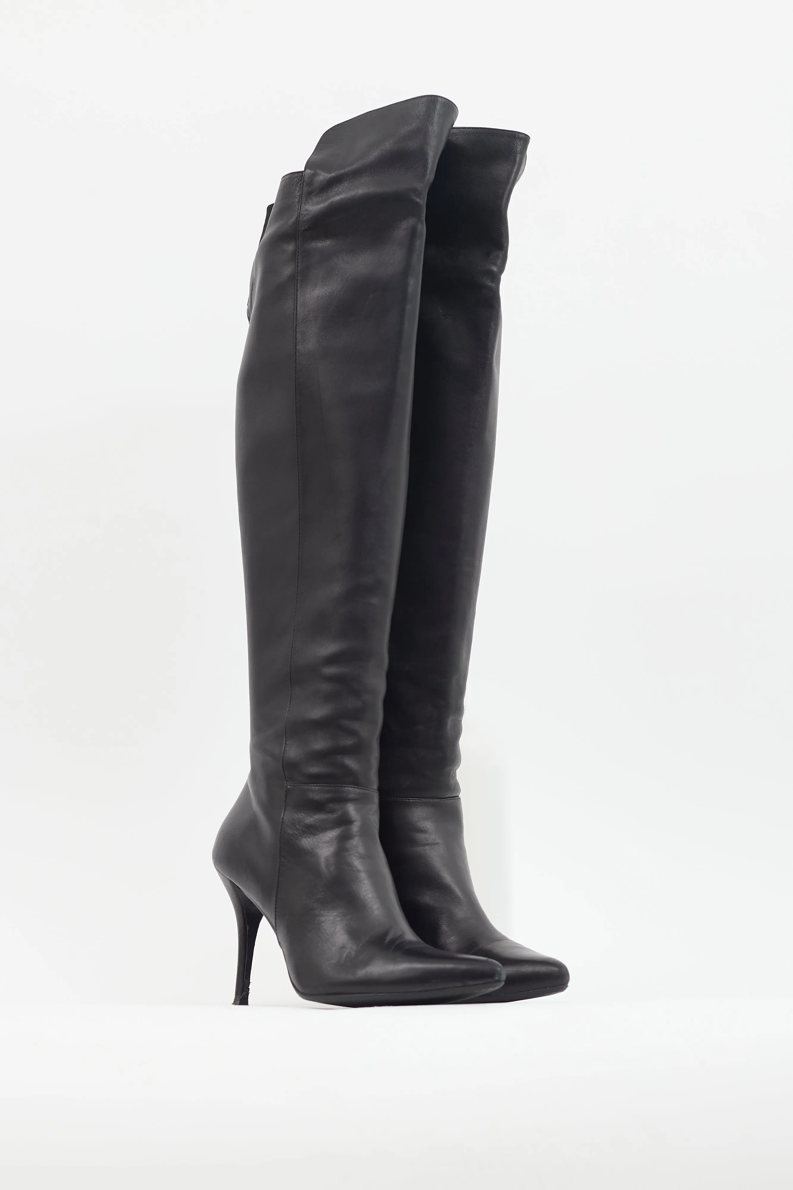 Black Leather Pointed Toe Knee High Boot