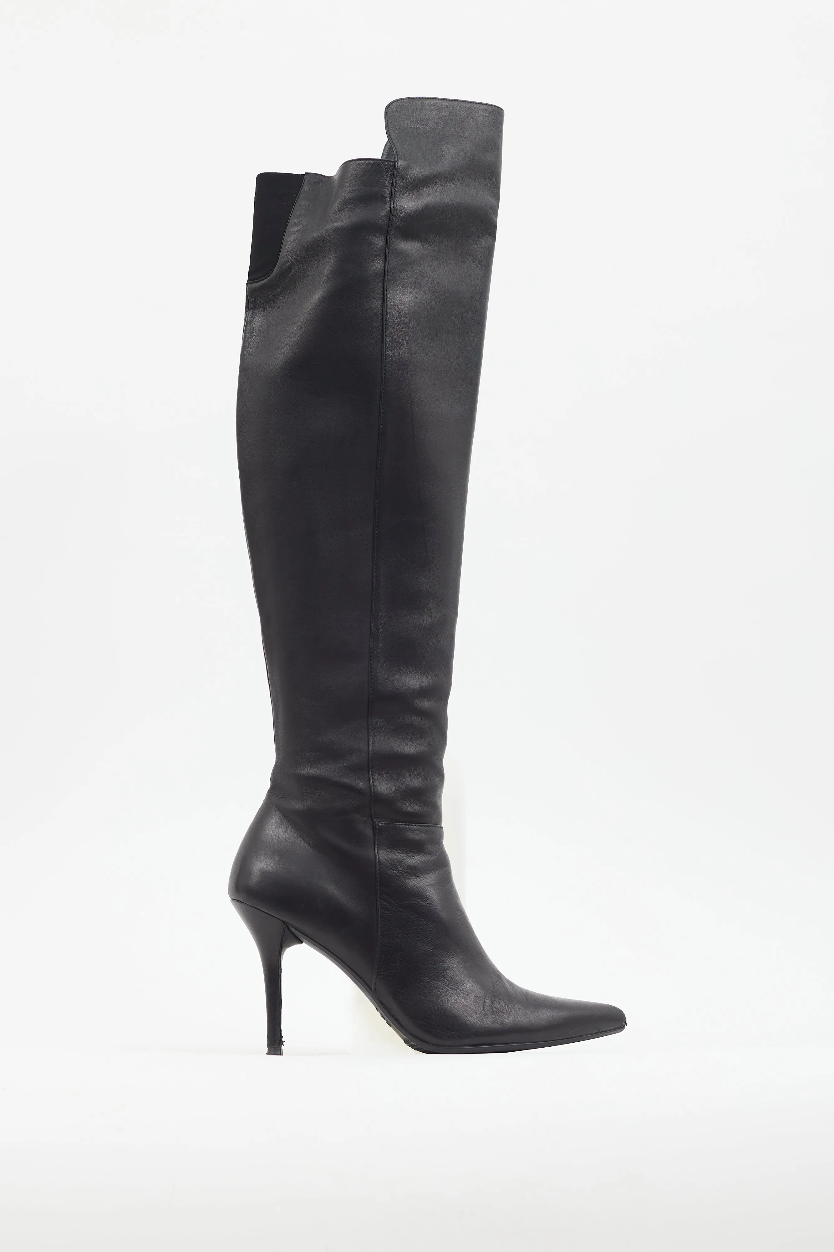 Black Leather Pointed Toe Knee High Boot