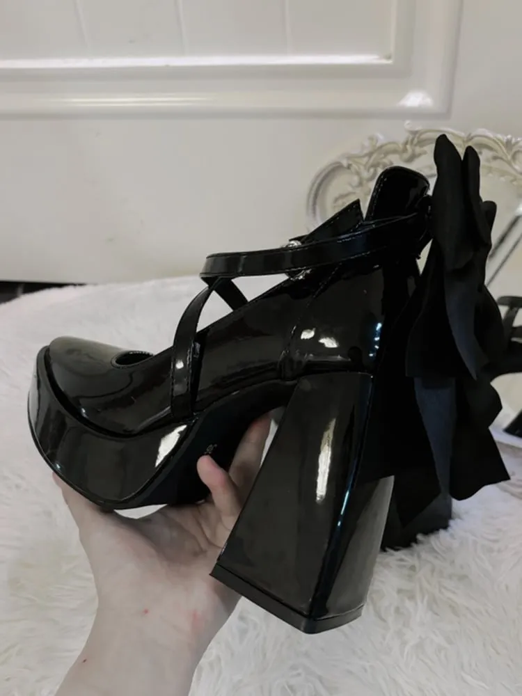 Gothic Black Detachable Bowknot Crisscross Buckle Strap Platform High Block Heels