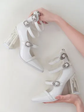 Matte White Gothic Crocodile Buckle Straps Blood Drip High Block Heels