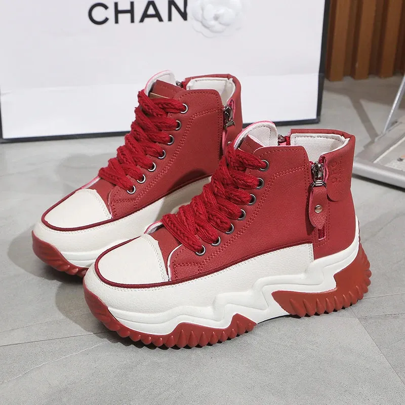 New 2024 Spring Autumn Vulcanized Shoes High Top Lace-up Casual Shoes Sports Women's Shoes Thick Soles Increase Shoes