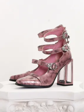 Polished Pink Gothic Crocodile Buckle Straps High Block Heels