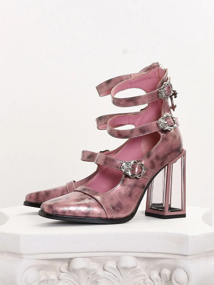 Polished Pink Gothic Crocodile Buckle Straps High Block Heels