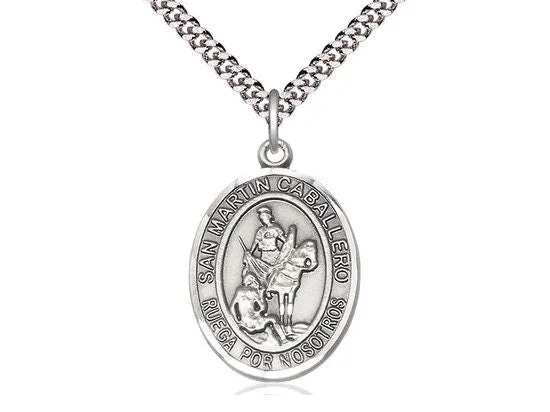 San Martin Caballero Sterling Silver Pendant on a 24 inch Light Rhodium Heavy Curb Chain.