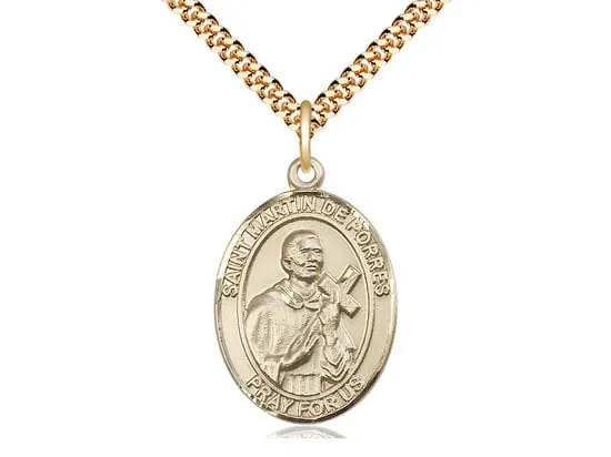 St Martin de Porres 14kt Gold Filled Pendant on a 24 inch Gold Plate Heavy Curb Chain.