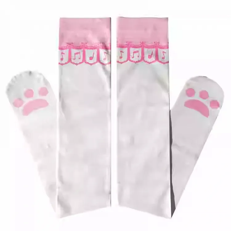 White Cat Paw Pattern  Over Knee Stockings