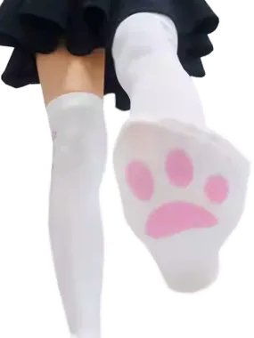 White Cat Paw Pattern  Over Knee Stockings