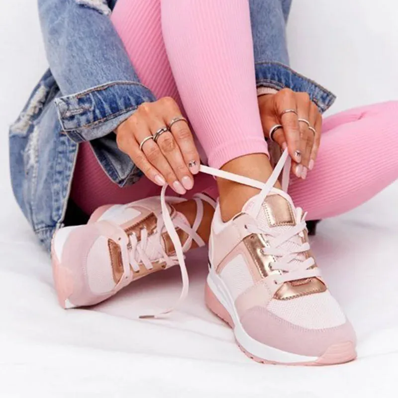 Women Sneakers Ladies Lace-Up Wedge Sports Shoes Trainers