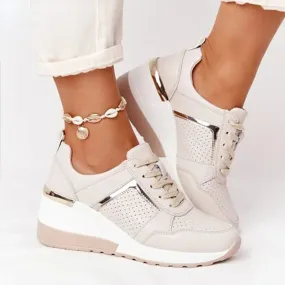 Women Sneakers Ladies Lace-Up Wedge Sports Shoes Trainers