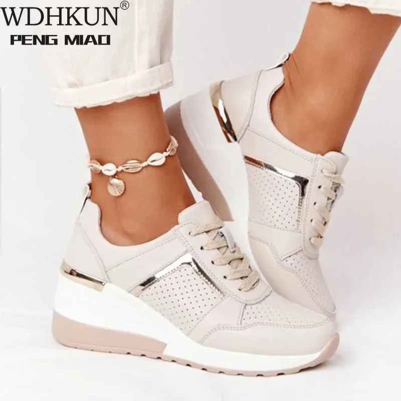 Women Sneakers Ladies Lace-Up Wedge Sports Shoes Trainers