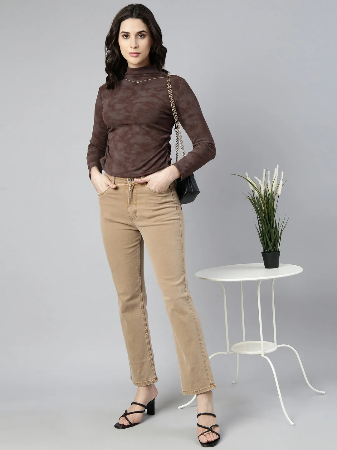 Women Solid Brown Ruched Top Comes with Neck Chain