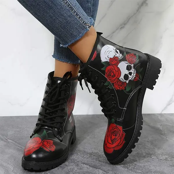 Women'S Skull Rose Print Lace-Up Martin Boots 27488933C