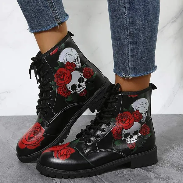Women'S Skull Rose Print Lace-Up Martin Boots 27488933C