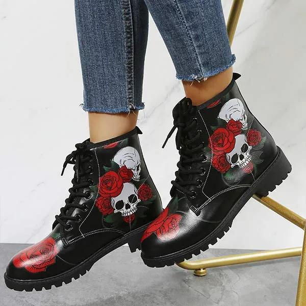 Women'S Skull Rose Print Lace-Up Martin Boots 27488933C